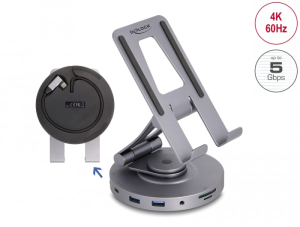 DeLOCK Tablet und Notebook Dockingstation 4K mit integrierter Halterung - HDMI / USB / Hub / SD / Micro SD / PD 3.0 - 360° drehbar (88017)