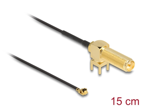 DeLOCK Antennenkabel RP-SMA 90° PCB Buchse zum Einbau zu I-PEX Inc., MHF® I Stecker 1.13 15 cm Gewindelänge 15 mm (12039)