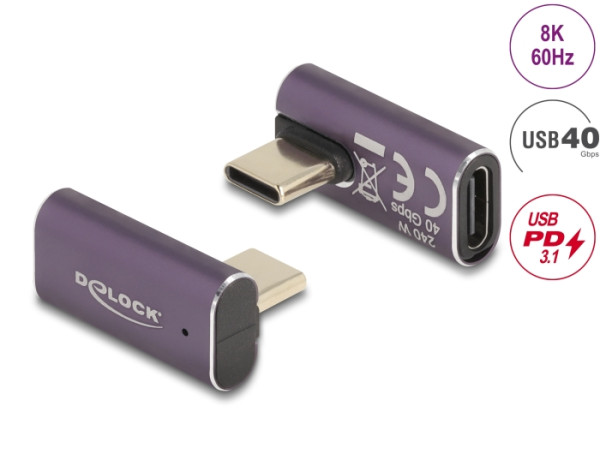 DeLOCK USB Adapter 40 Gbps USB Type-C PD 3.1 240 W Stecker zu Buchse gedreht gewinkelt links / rechts 8K 60 Hz Metall (60288)