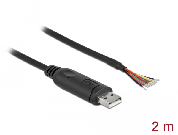 DeLOCK Adapterkabel USB 2.0 Typ-A zu seriell RS-232 mit 9 offenen Kabelenden + Schirmung 2 m (90416)