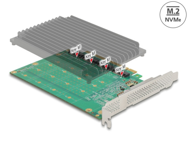DeLOCK PCI Express x16 Karte zu 4 x intern NVMe M.2 Key M mit Kühlkörper - Bifurcation (90054)