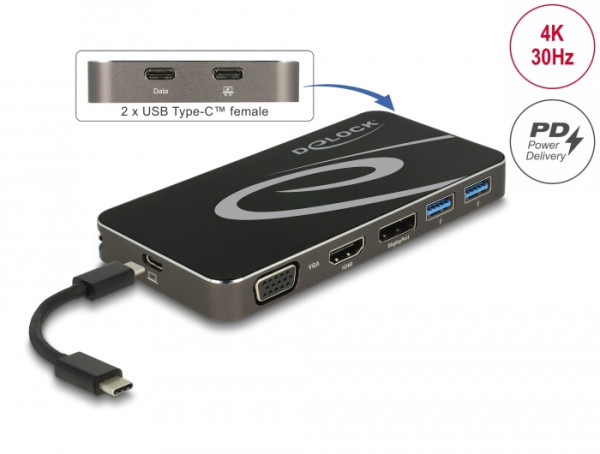 DeLOCK USB Type-C 3.2 Dockingstation 4K HDMI + DP / 1080p VGA, USB Hub und PD 3.0 (87773)