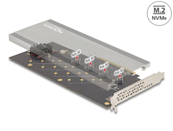 DeLOCK PCI Express 4.0 x16 Karte zu 4 x intern NVMe M.2 Key M mit Kühlkörper und Lüfter - Bifurcation (90079)