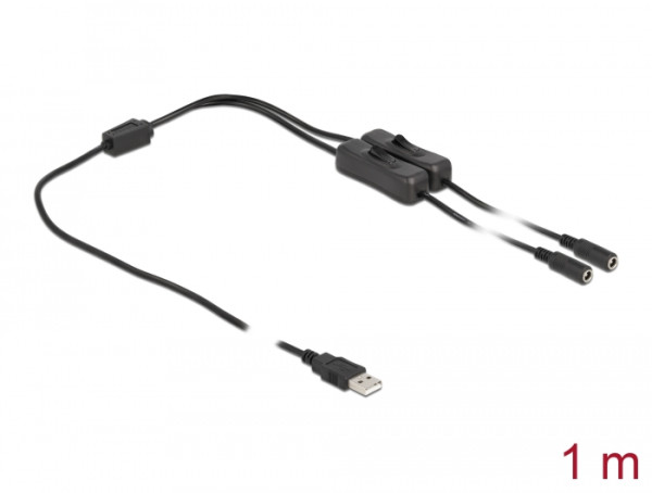 DeLOCK Kabel USB Typ-A Stecker zu 2 x DC 5,5 x 2,1 mm Buchse mit Schalter 1 m (86797)