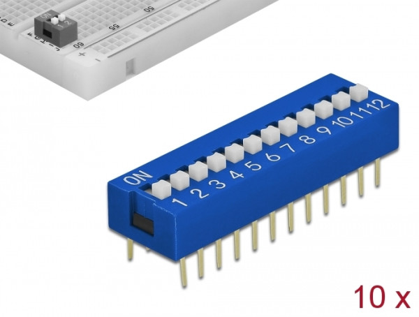 DeLOCK DIP-Schiebeschalter 12-stellig 2,54 mm Rastermaß THT vertikal blau 10 Stück (66388)