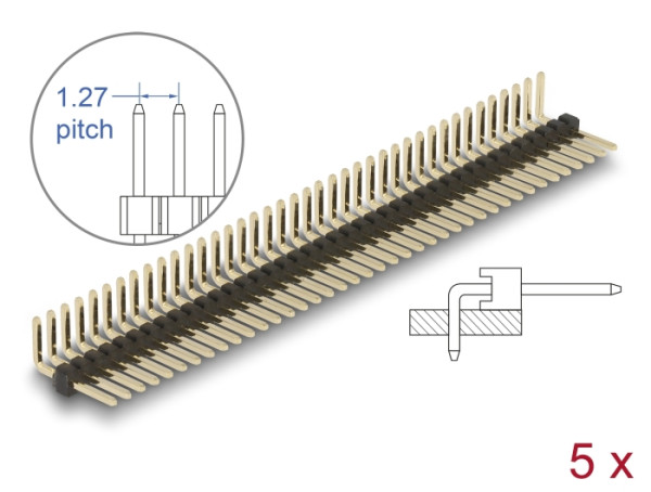 DeLOCK Stiftleiste 40 Pin, Rastermaß 1,27 mm, 1-reihig, gewinkelt, 5 Stück (66691)