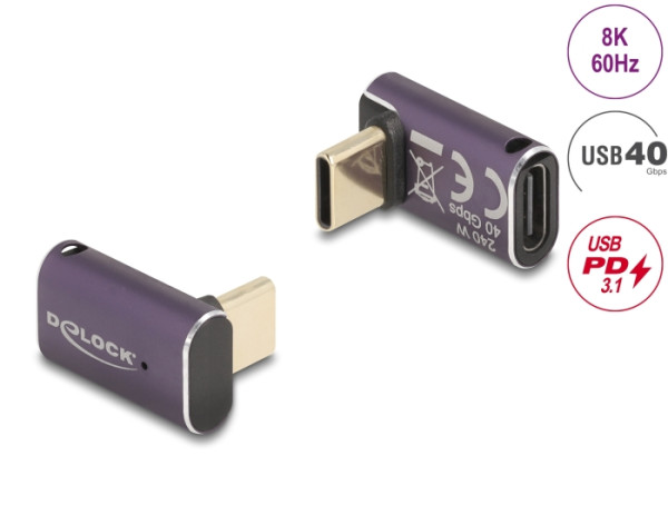 DeLOCK USB Adapter 40 Gbps USB Type-C PD 3.1 240 W Stecker zu Buchse gewinkelt 8K 60 Hz Metall (60289)
