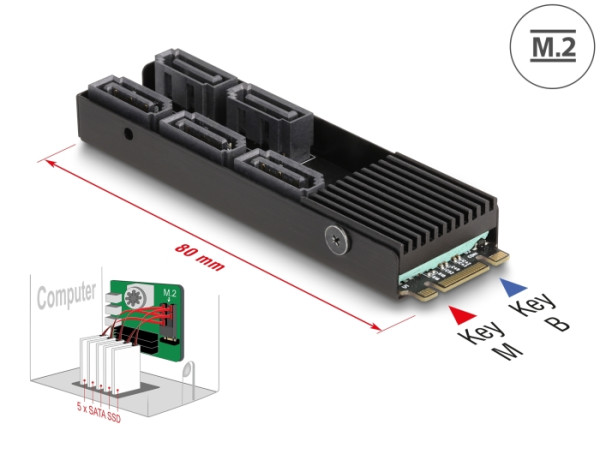 DeLOCK Konverter M.2 2280 Key B+M Stecker zu 5 x SATA mit Kühlkörper (64051)