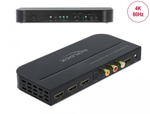 DeLOCK HDMI Switch 3 x HDMI in zu 1 x HDMI out 4K 60 Hz mit Audio Extraktor (66498)