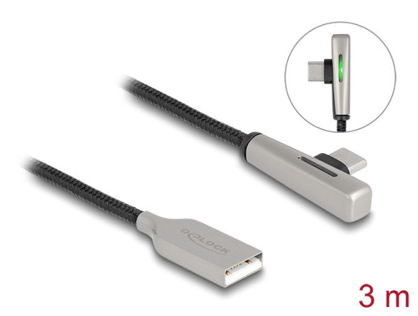 DeLOCK USB 2.0 Kabel Typ-A Stecker zu USB Type-C Stecker gewinkelt mit LED und Schnellladefunktion 60 W 3 m (80768)
