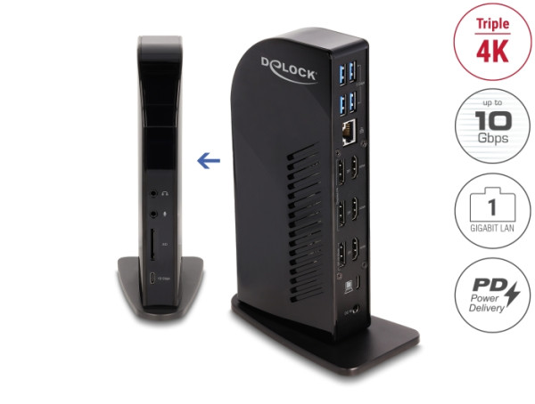 DeLOCK USB Type-C Triple Display Dockingstation mit DisplayLink® 4K / USB Hub / LAN / SD / Audio / PD 96 W (88051)
