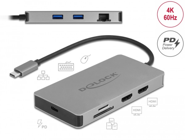 DeLOCK USB Type-C Dockingstation 4K - Dual HDMI MST / USB 3.2 / SD / LAN / PD 3.0 (87004)