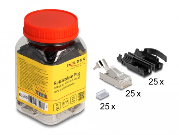 DeLOCK RJ45 Modularer Stecker mit Zugentlastung Cat.6A und robuster Knickschutztülle 25er Set (66990)