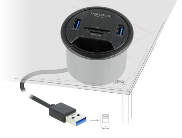 DeLOCK 2 Port Tisch-Hub 2 x SuperSpeed USB Typ-A und Card Reader für SD und Micro (64152)