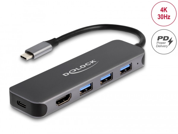 DeLOCK 3 Port USB Hub und 4K HDMI Ausgang mit USB Type-C Anschluss und PD 85 Watt (64171)