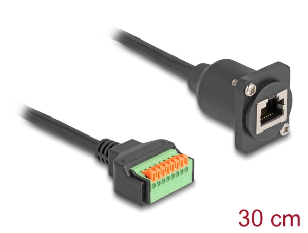 DeLOCK D-Typ Kabel RJ45 Buchse zu Terminalblock mit Drucktaster Cat.5e schwarz 30 cm (88153)