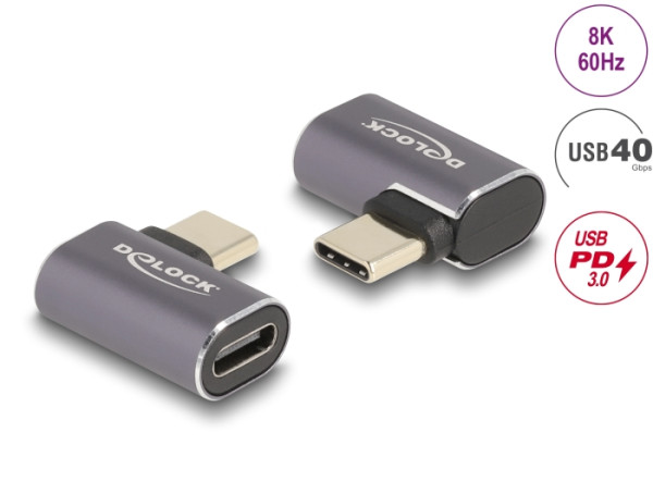 DeLOCK USB Adapter 40 Gbps USB Type-C PD 3.0 100 W Stecker zu Buchse gewinkelt links / rechts 8K 60 Hz Metall (60047)