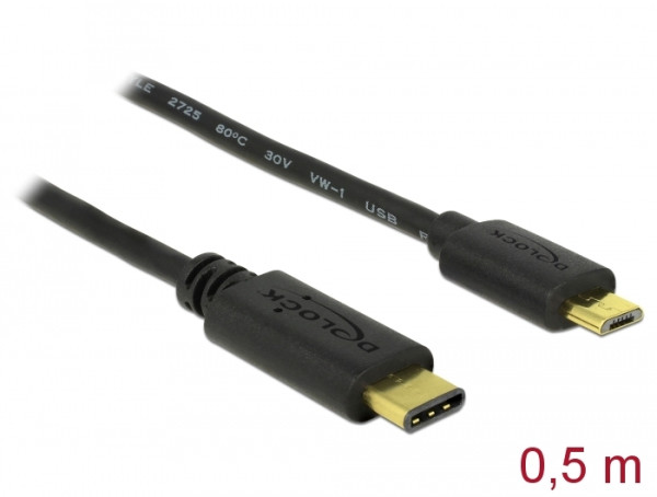 DeLOCK 0.5m, USB2.0-C/USB2.0 Micro-B USB Kabel 0,5 m Micro-USB B USB C Schwarz (83333)