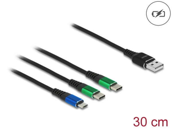DeLOCK USB Ladekabel 3 in 1 Typ-A zu Micro USB / 2 x USB Type-C 30 cm (87883)