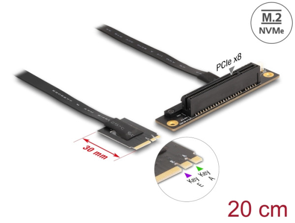DeLOCK M.2 Key A+E zu PCIe x8 NVMe Adapter gewinkelt mit 20 cm Kabel (64219)