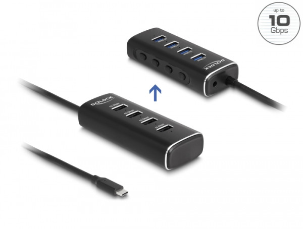 DeLOCK 4 Port USB 10 Gbps Hub mit USB Type-C Anschluss 60 cm Kabel und Schalter für jeden Port (64233)