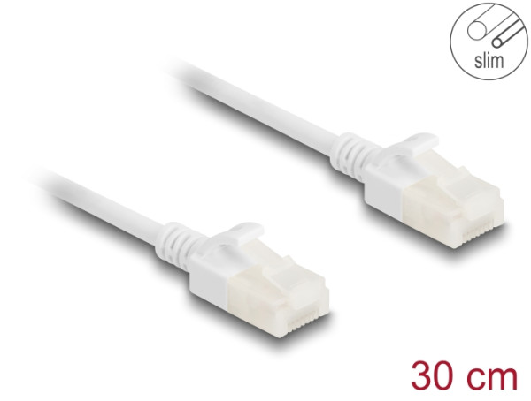 DeLOCK RJ45 Netzwerkkabel Cat.6A Stecker zu Stecker mit robuster Rastnase Industrietauglich U/UTP Slim 0,3 m weiß (80357)