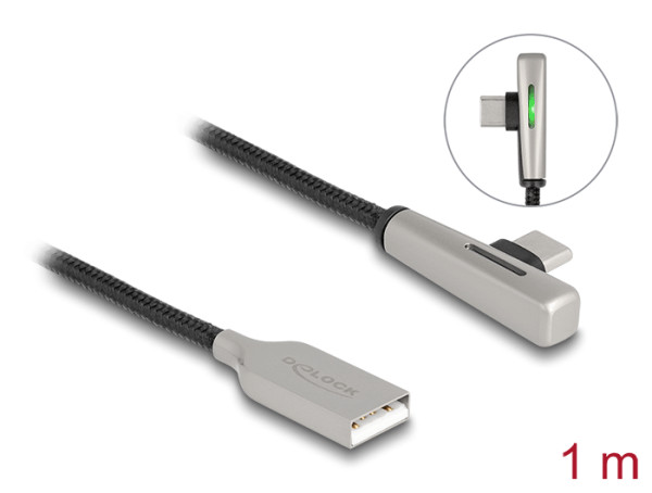 DeLOCK USB 2.0 Kabel Typ-A Stecker zu USB Type-C Stecker gewinkelt mit LED und Schnellladefunktion 60 W 1 m (80766)