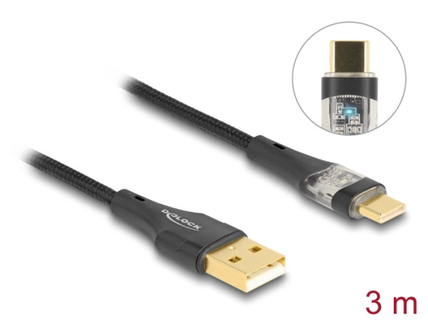 DeLOCK USB 2.0 Kabel Typ-A Stecker zu USB Type-C Stecker mit Schnellladefunktion 60 W transparent 3 m (80762)