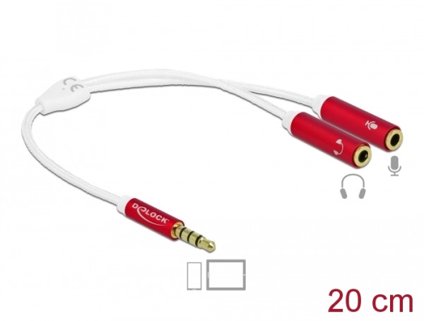 DeLOCK Headset Adapter 1 x 3,5 mm 4 Pin Klinkenstecker zu 2 x 3,5 mm 4 Pin Klinkenbuchse mit Textilummantelung 20 cm (66519)