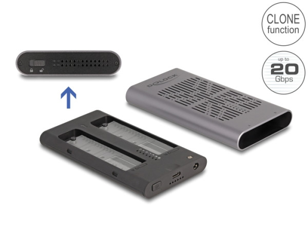 DeLOCK Externes USB 20 Gbps Gehäuse für 2 x M.2 NVMe PCIe SSD mit USB Type-C Buchse und Klon Funktion (42027)
