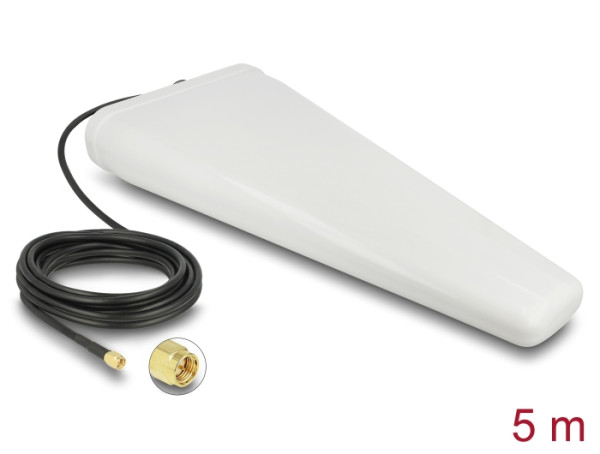 DeLOCK LTE Antenne SMA Stecker 9 - 11 dB direktional mit Anschlusskabel RG-58, 5 m weiß outdoor (12002)