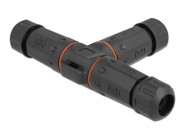 DeLOCK Kabelverbinder T-Form für Außenbereich 4 Pin, IP68 wasserdicht, schraubbar, Kabeldurchmesser 4,5 - 7,5 mm schwarz (86918)
