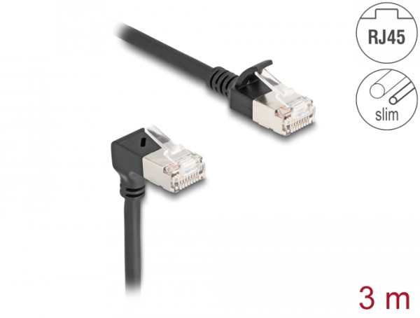 DeLOCK RJ45 Netzwerkkabel Cat.6A S/FTP Slim 90° unten gewinkelt / gerade 3 m schwarz (80307)