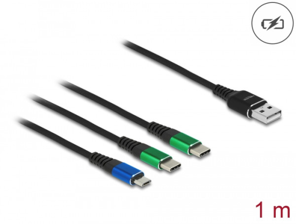 DeLOCK USB Ladekabel 3 in 1 Typ-A zu Micro USB / 2 x USB Type-C 1 m (87882)