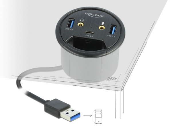 DeLOCK 3 Port Tisch-Hub 1 x USB Type-C und 2 x USB Typ-A + HD-Audio Ports (62794)