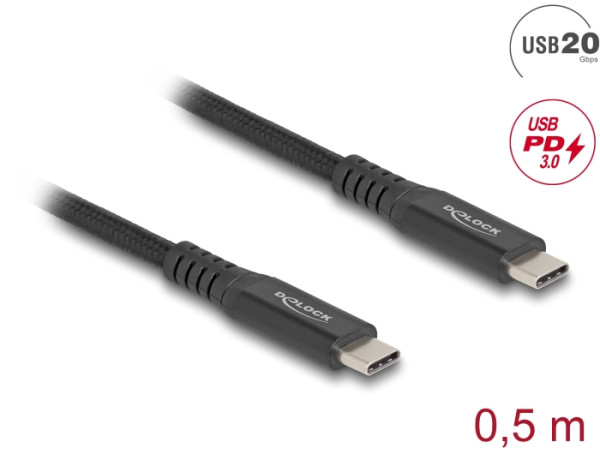 DeLOCK USB 20 Gbps Kabel USB Type-C Stecker zu Stecker PD 3.0 100 W E-Marker 0,5 m schwarz Metall (80023)