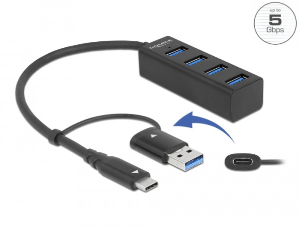 DeLOCK 4 Port USB 5 Gbps Hub mit USB Type-C oder USB Typ-A Anschluss (63828)