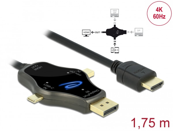 DeLOCK 3 in 1 Monitorkabel mit USB-C / DisplayPort / mini DisplayPort Eingang auf HDMI Ausgang mit 4K 60 Hz (85974)