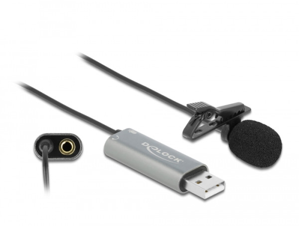 DeLOCK USB Krawatten Lavalier Mikrofon Omnidirektional 24 Bit / 192 kHz mit Clip und 3,5 mm Stereoklinken-Kopfhöreranschluss (66638)