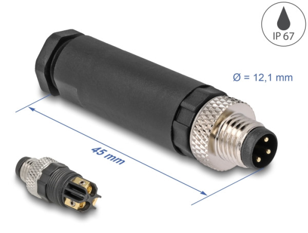 DeLOCK M8 Steckverbinder A-kodiert 3 Pin Stecker zur Montage mit Schraubanschluss (60529)
