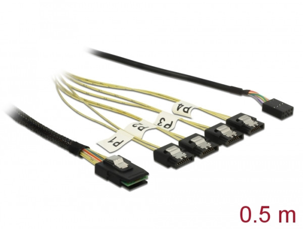 DeLOCK Kabel Mini SAS SFF-8087 > 4 x SATA 7 Pin + Sideband 0,5 m Metall (85674)