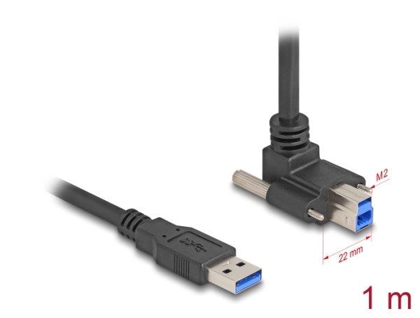 DeLOCK USB 5 Gbps Kabel USB Typ-A Stecker gerade zu USB Typ-B Stecker mit Schraubenabstand 22 mm 90° nach oben gewinkelt 1 m schwarz (80480)