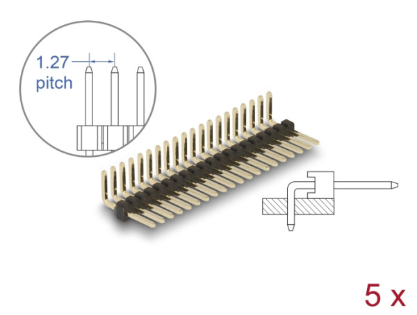 DeLOCK Stiftleiste 20 Pin, Rastermaß 1,27 mm, 1-reihig, gewinkelt, 5 Stück (66690)