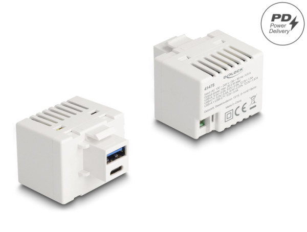 DeLOCK Keystone Modul mit USB Typ-A und USB Type-C Ladebuchse PD 20 W weiß (41478)