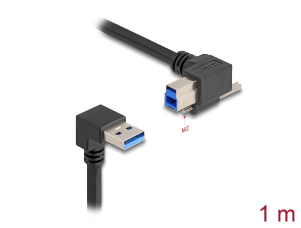 DeLOCK USB 5 Gbps Kabel USB Typ-A Stecker 90° nach unten gewinkelt zu USB Typ-B Stecker mit Schraube 90° nach rechts gewinkelt 1 m schwarz (80481)