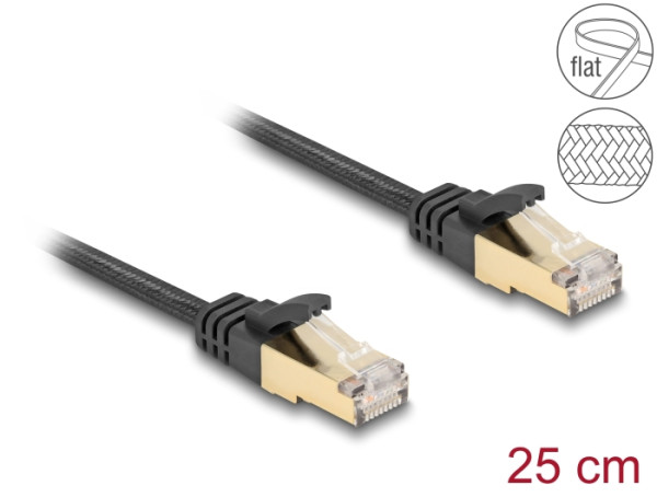 DeLOCK RJ45 Flachband Netzwerkkabel mit Geflechtmantel Cat.6A U/FTP Stecker zu Stecker 0,25 m schwarz (80323)