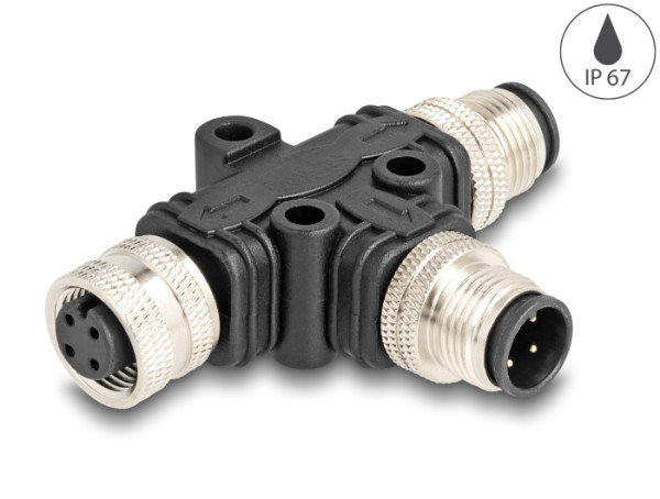 DeLOCK M12 T-Splitter A-kodiert 4 Pin 1 x Stecker zu 1 x Stecker und 1 x Buchse Parallelschaltung (60580)