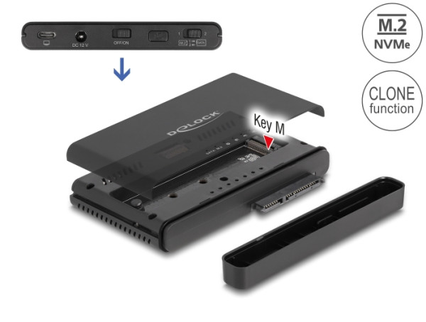 DeLOCK USB Type-C Konverter für 1 x M.2 NVMe SSD + 1 x SATA SSD / HDD mit Klon Funktion (64190)