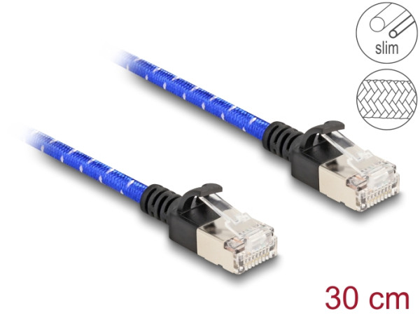 DeLOCK RJ45 Netzwerkkabel mit Geflechtmantel Cat.6A U/FTP Slim 0,3 m blau (80375)