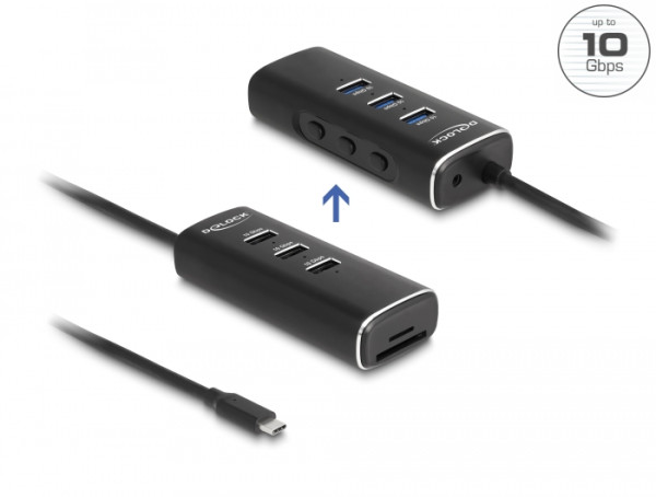 DeLOCK 3 Port USB 10 Gbps Hub inklusive SD und Micro SD Card Reader mit USB Type-C Anschluss 60 cm Kabel und Schalter für jeden Port (64234)
